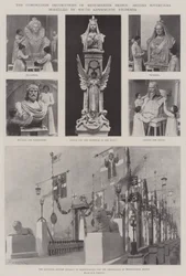 Die Krönungsdekorationen der Westminster Bridge, britische Souveräne modelliert von Studenten aus South Kensington